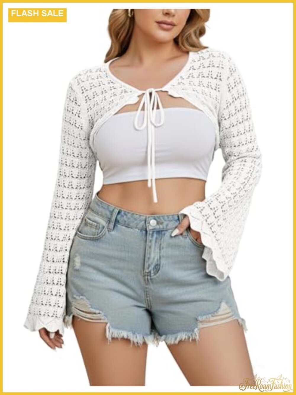 Plus Size Crochet Shrug Bolero Long Bell Sleeve Tie Front Cardigan